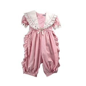 Vintage Lace Me Fancy plaid ruffle jumpsuit Size 2T embroidered‎ collared